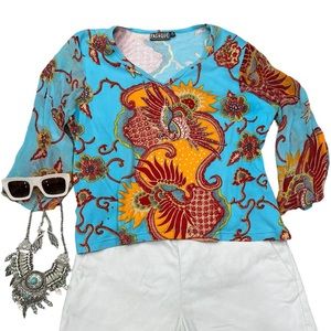 Fashque Red & Turquoise Phoenix Asian knit Top